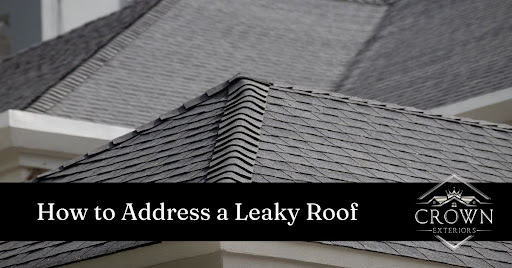picture of a roof, with the text "how to address a leaky roof" on top